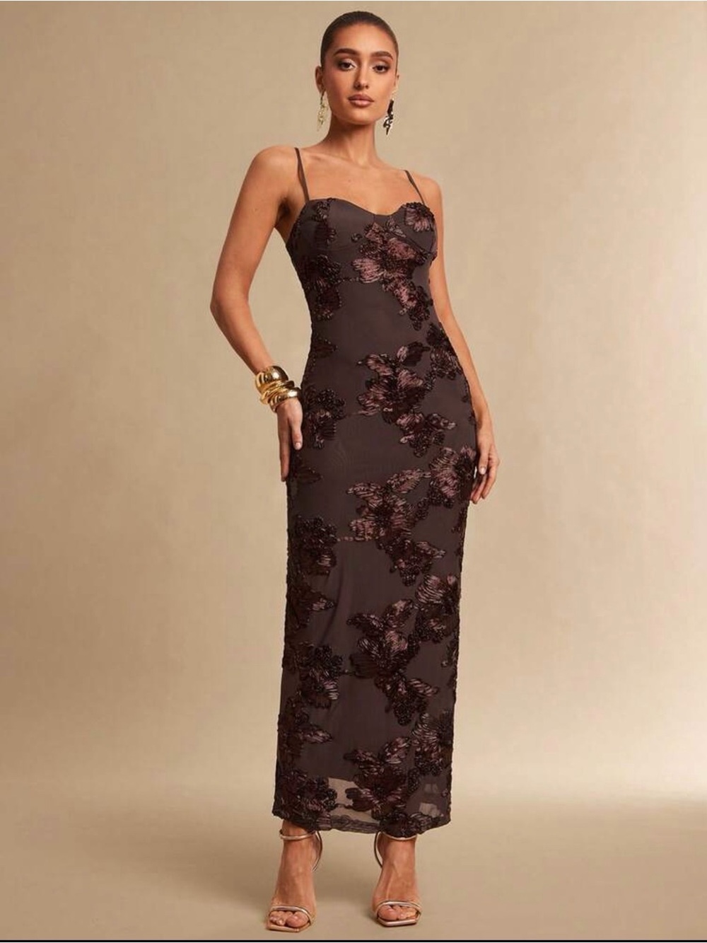 Elegant Brown Floral Embroidered Slip Dress